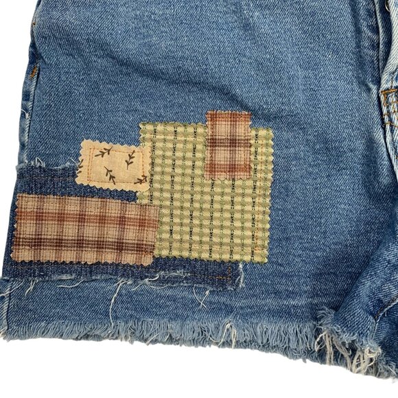 SONG Cut Off Jean Shorts Boho Denim Button Fly Distressed Plaid Patchwork 7 - Picture 4 of 12
